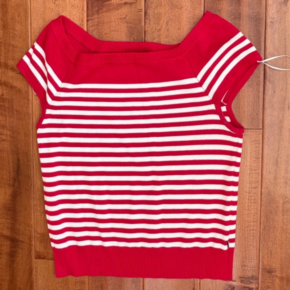 Tommy Hilfiger Striped Cap-Sleeve Sweater Womens Size L Red/White - Picture 2 of 7